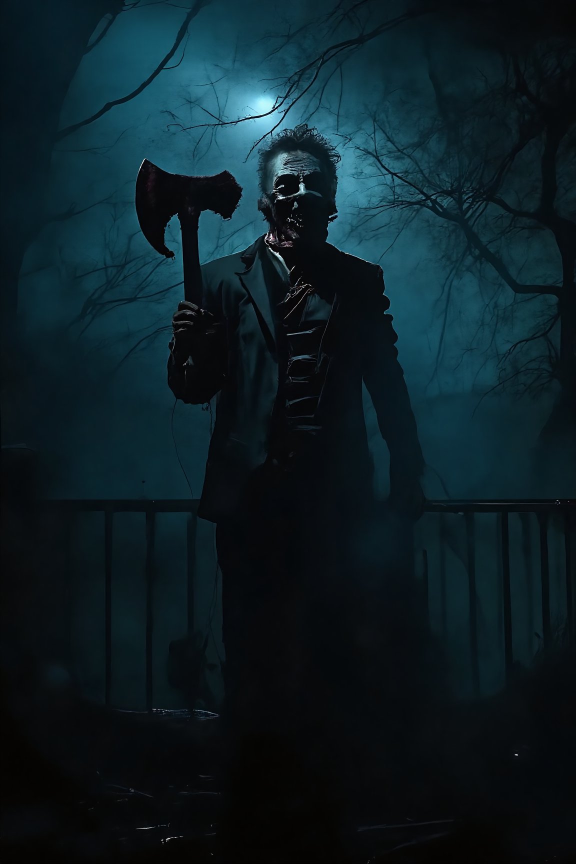 A man in the middle of the darkness wearing a dark suit, his face is disfigured, sharp teeth, distorted face, eye shadow and he has a bloody axe in his hand.

The man is looking up, the point of view is that the man is looking down at a lower floor in the middle of the night.,horror face