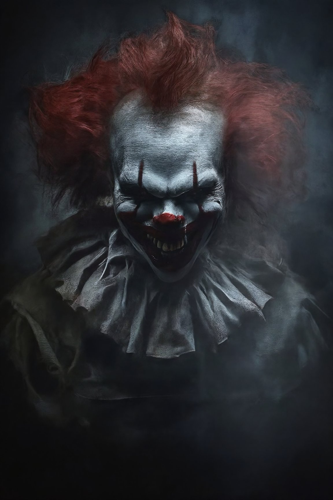 The image is a close-up of a clown's horror face. The clown has a menacing expression with sharp teeth and red eyes. Its hair is styled in a spiky, red mohawk that covers the top of its head. The background is dark and ominous, with a hint of smoke or fog. The overall mood of the image is eerie and menacing,	darknessstyle,handsface