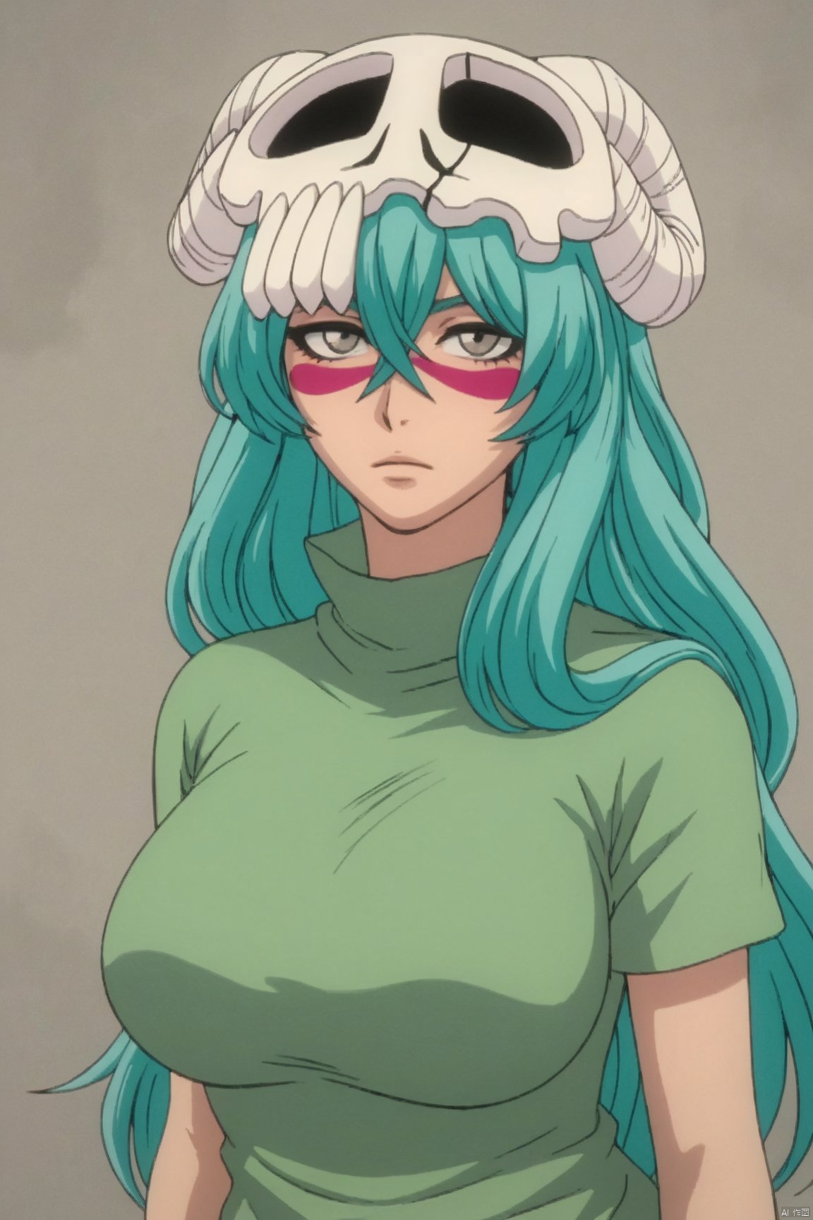 score_9_up,score_8_up,score_7_up,(Clear lines, high definition, Best quality,  masterpiece, 4K),1girl, solo, long hair,big breasts, shirt, green hair, grey eyes, green clothes, aqua hair, facial mark, skull, green shirt,Nili Ailu