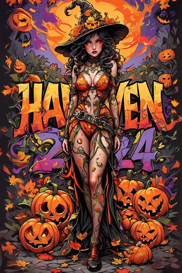 Stunning graffiti illustration by ZloyOrk. Haunted Pumpkin: A woman dressed as a pumpkin queen stands confidently, adorned with glowing orange accents and graffiti patterns of vines and leaves. The background is a Halloween-themed mural filled with spooky jack-o'-lanterns and swirling autumn leaves. On background big multicolored letters "HALLOWEEN 2024",Color