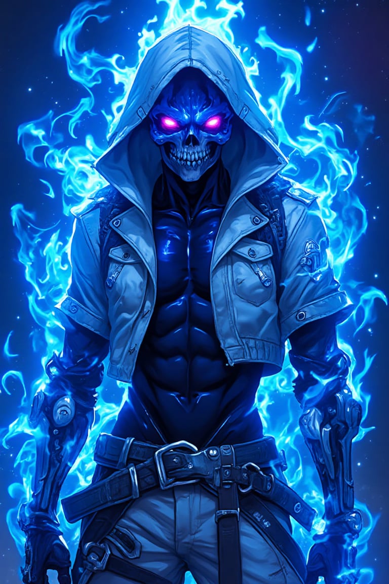 A menacing character with a glowing blue skull and bright pink eyes. The figure is surrounded by blue ethereal flames, wearing a hooded jacket with metallic cyberpunk-style robotic arms and black gloves. The jacket is white with dark belts, and the background is filled with swirling, intense blue flames. The overall scene has a glowing neon, futuristic aesthetic, with sharp contrasts between the bright flames and the dark shadows on the character’s body