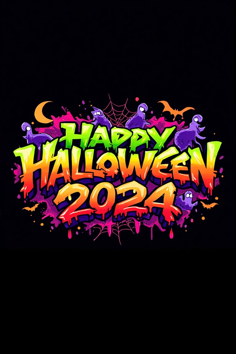 Create a vibrant 'Happy Halloween 2024' graffiti text in a bold, 3D street art style, with dynamic, jagged lettering. The letters should transition from neon green at the top to a deep red-orange at the bottom, blending smoothly. Surround the text with spooky Halloween-themed elements like bats, spiderwebs, or ghosts, all with vivid, contrasting colors like purple and pink to make the design pop. Add shadowing and highlights for a strong 3D effect, set against a dark background, giving it a dramatic look