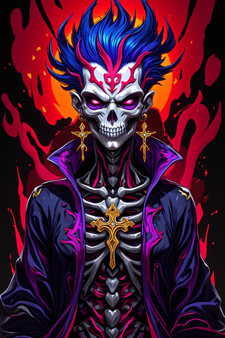 .Masterpiece, best quality,Create a digital artwork featuring a futuristic, skeleton-themed character with metallic elements fused into their body. The character has an otherworldly appearance, with a sleek skeletal face that blends biomechanical details with stylized red and purple patterns. Their vibrant hair is spiky, alternating between deep blue and magenta hues. The character wears a large golden cross earring and a matching necklace, both adorned with intricate designs. The overall attire is a long, dark cloak with vivid purple and crimson highlights, contrasting with the metallic bones and exposed mechanical parts of their body. The background is a striking blend of red and black, incorporating abstract shapes and sharp lines that emphasize the character's intense, supernatural vibe. The character exudes a powerful, intimidating presence, merging gothic and cyberpunk aesthetics