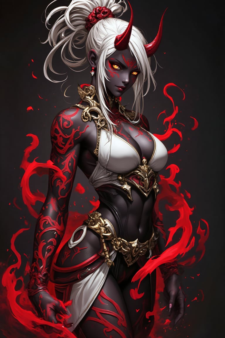 .Masterpiece, best quality,A striking dark-skinned female character with white hair styled in an elaborate updo, adorned with two large, red horns on her head. Her intense golden eyes and intricate red tattoos cover her face and arms, blending into an otherworldly, demonic appearance. She wears a form-fitting white and black outfit with gold accents and intricate details, giving her a warrior-like presence. Red flames swirl around her, adding a sense of power and danger. The overall aesthetic is a mix of fantasy and gothic with a dark, dramatic background emphasizing the character’s fierce and mysterious aura