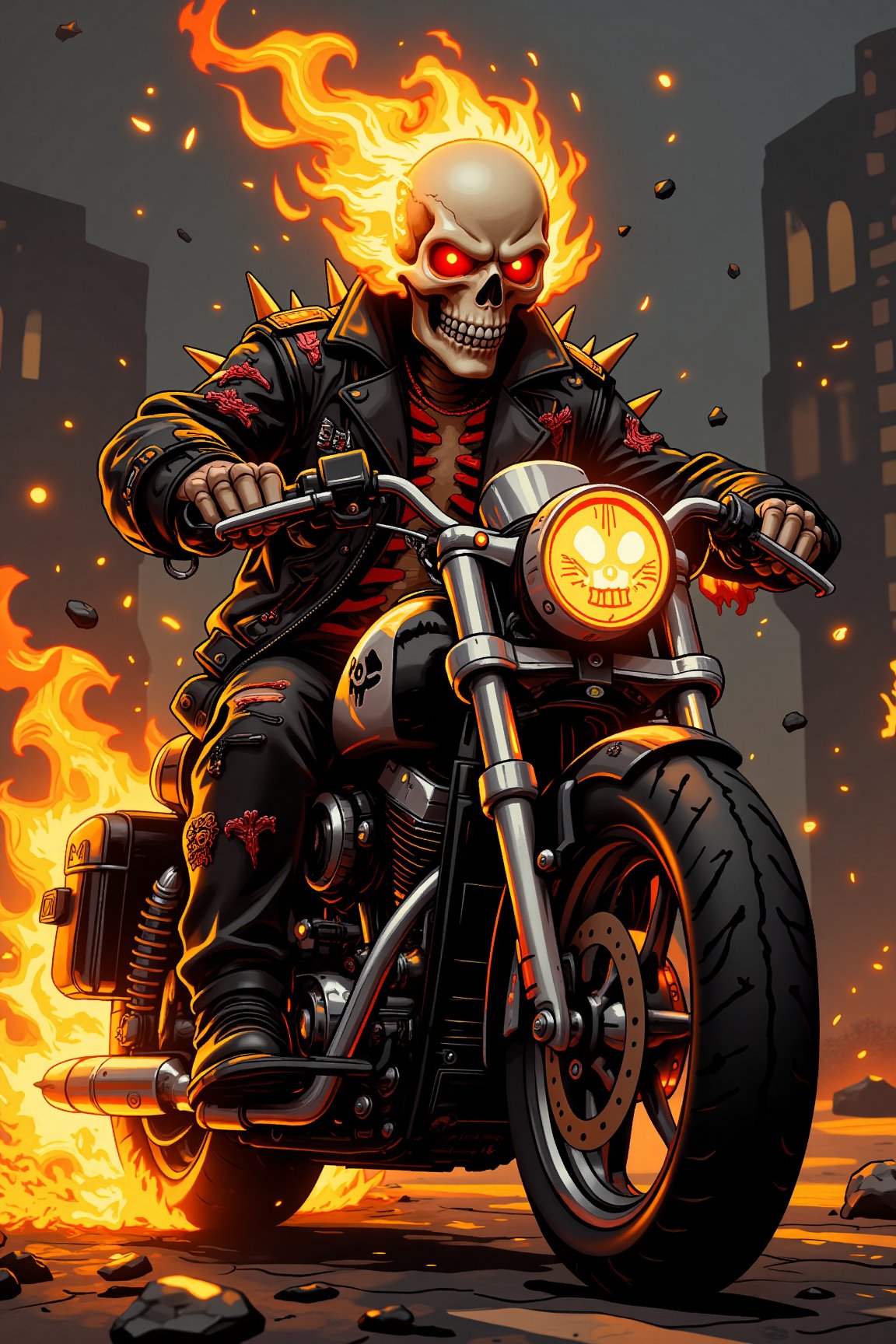 Conjure a terrifyingly real image of an evil Ghost Rider in a sinister horror style. Picture a burning skull atop a skeleton figure wearing torn, spiky leather jacket and pants, riding a highly detailed skull-designed motorcycle. Request super-high detail to capture the menacing essence, with red and yellow glowing eyes piercing through the darkness. Craft a super-realistic, highly detailed image that brings forth the spine-chilling aura of this Sinister Ghost Rider in all its horrifying glory