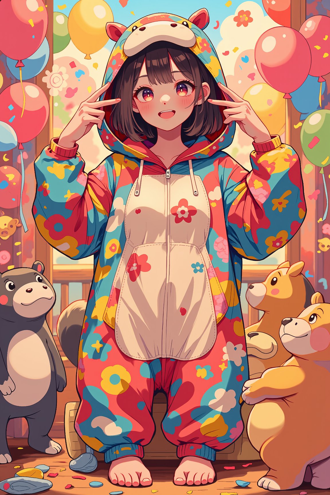 A lush, cheerful woman in a colorful hippo kugurumi, beautiful detailed eyes, bright smile, playful pose, soft textured fabric, (best quality, 4k, high resolution, masterpiece:1.2), ultra-detailed, photorealistic, anime style, vibrant colors, warm lighting, surrounded by playful animals, joyful atmosphere, whimsical background with balloons and confetti