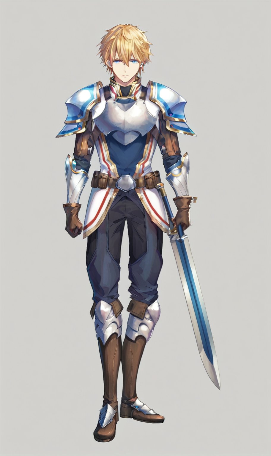 score_8_up, solo_focus, 1boy, ex albio, default_costume, blonde_hair, blue_eyes, tareme, leg_spread,blonde hair,blue eyes,armor,hair between eyes,gloves, expressionless, boots,spiked_hair,(holding_weapon:1.2), standing, looking_at_viewer