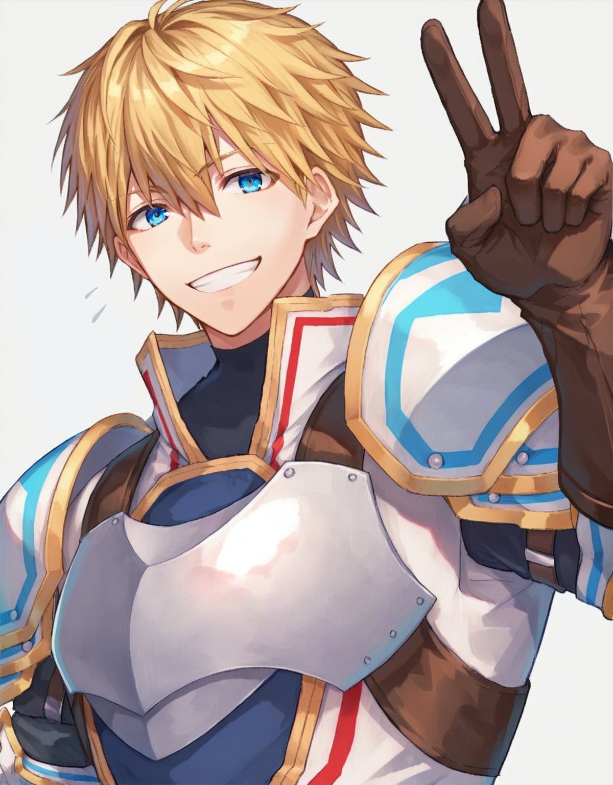 score_8_up, solo_focus, 1boy, ex albio, default_costume, blonde_hair, blue_eyes, tareme, blonde hair,blue eyes,armor,hair between eyes,gloves, smile, boots,spiked_hair, upper_body, peace_sign