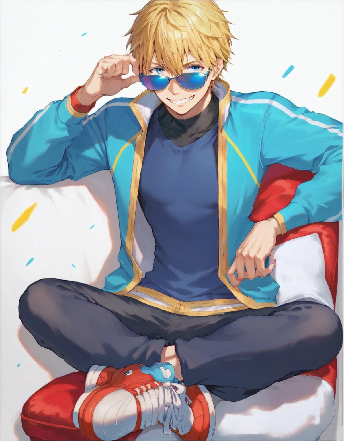 score_8_up, solo_focus, 1boy, ex albio, blonde_hair, blue_eyes, tareme, blonde hair,blue eyes,hair between eyes, skin_tight, blue_jacket, sneakers, crossed_legs_(sitting), sunglasses, grin, smile