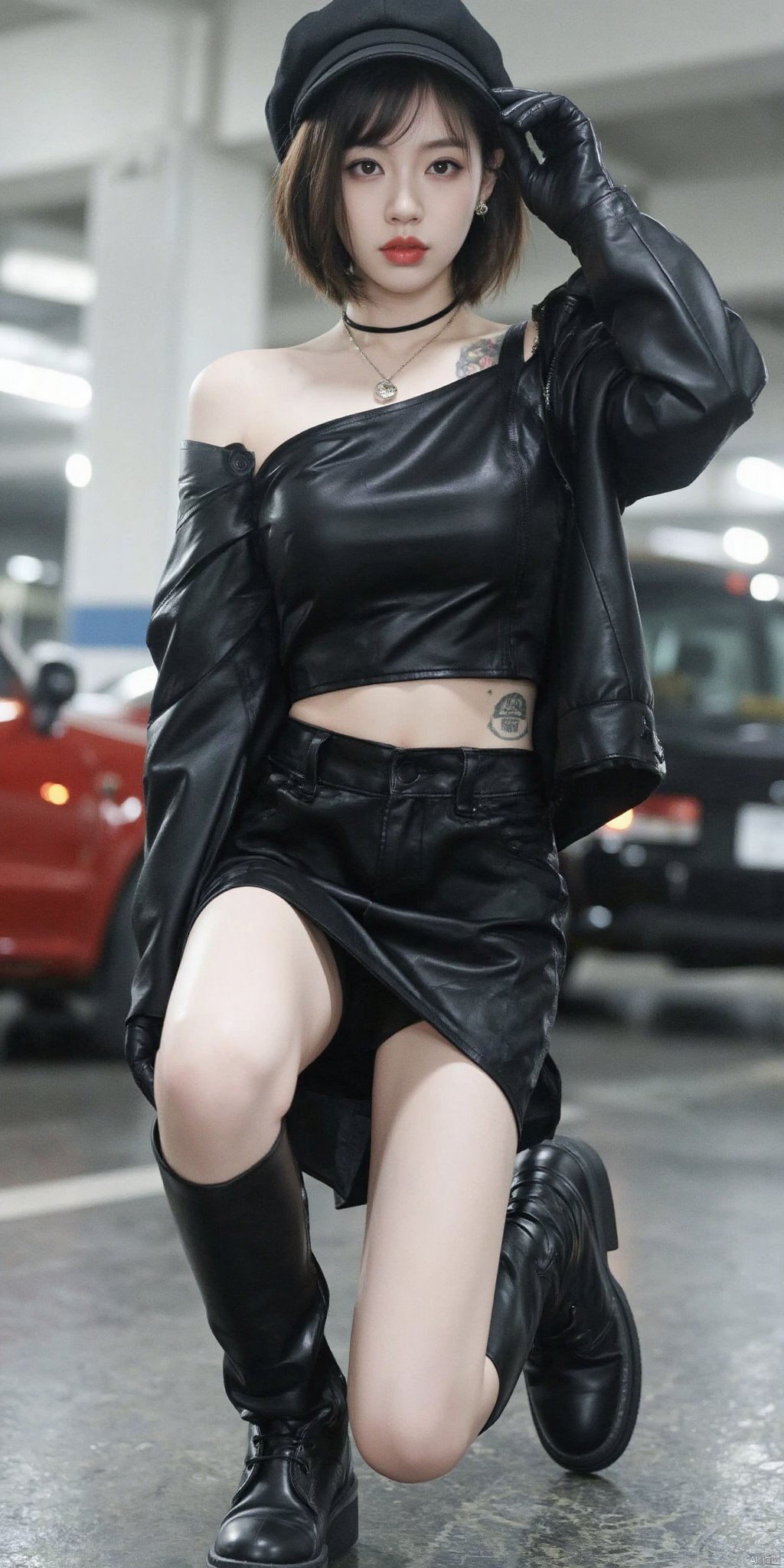 1girl, solo, looking at viewer, short hair, skirt, brown hair, black hair, gloves, hat, brown eyes, jewelry, jacket, full body, earrings, boots, black gloves, elbow gloves, black skirt, off shoulder, black footwear, blurry, lips, black jacket, crop top, head tilt, kneeling, black headwear, tattoo, blurry background, ground vehicle, cropped jacket, hand on headwear, red lips, leather