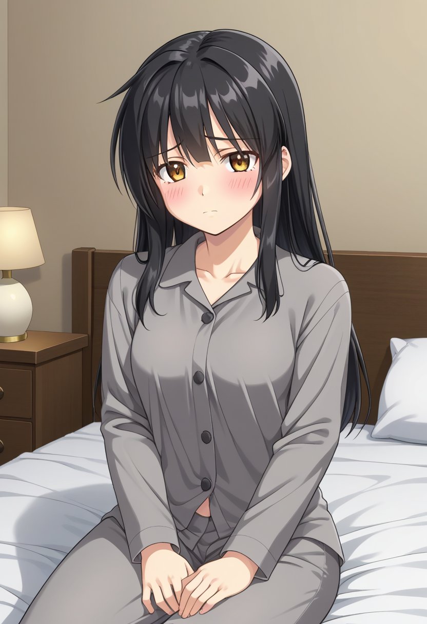 1girl, solo, koyoriamamiya, black hair, long hair, hair down, yellow eyes, brown eyes, grey shirt, long sleeves, grey pants, pajamas, indoors, bedroom, sitting, bed, sad, blush, looking at viewer