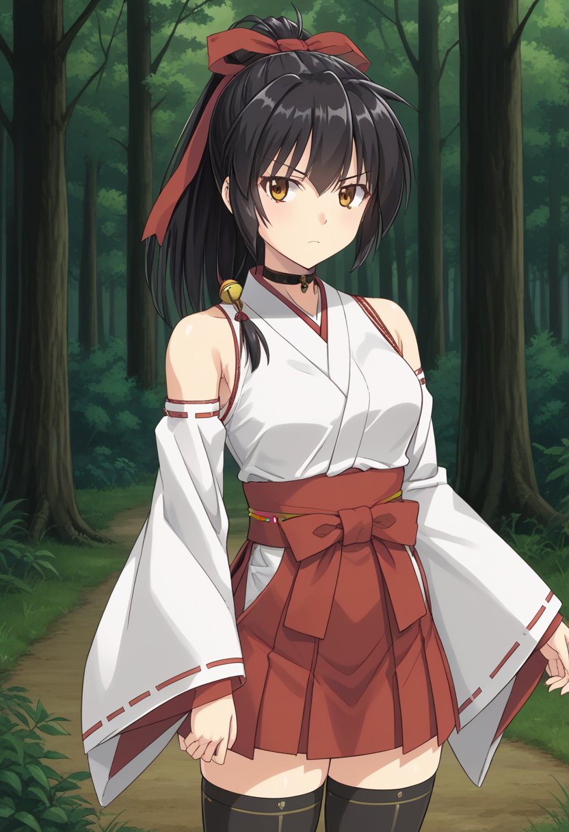 1girl, solo, mikogamisama, koyoriamamiya, black hair, ponytail, hair ribbon, red ribbon, hair bell, yellow eyes, brown eyes, black choker, white shirt, detached sleeves, wide sleeves, red skirt, black thighhighs, japanese clothes, outdoors, forest, standing, serious, cowboy shot