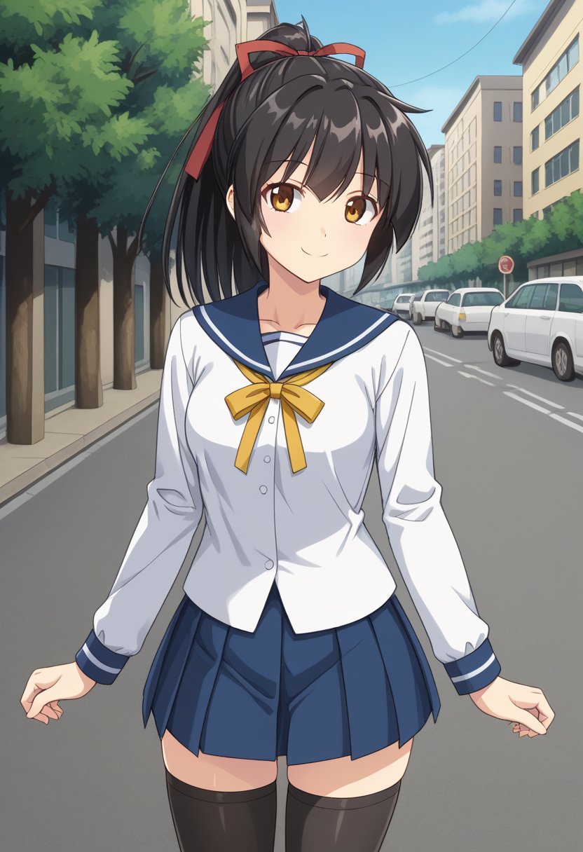 1girl, solo, koyoriamamiya, black hair, ponytail, hair ribbon, red ribbon, yellow eyes, brown eyes, white shirt, long sleeves, blue skirt, serafuku, yellow neck ribbon, black thighhighs, school uniform, outdoors, street, city, standing, cowboy shot, smile