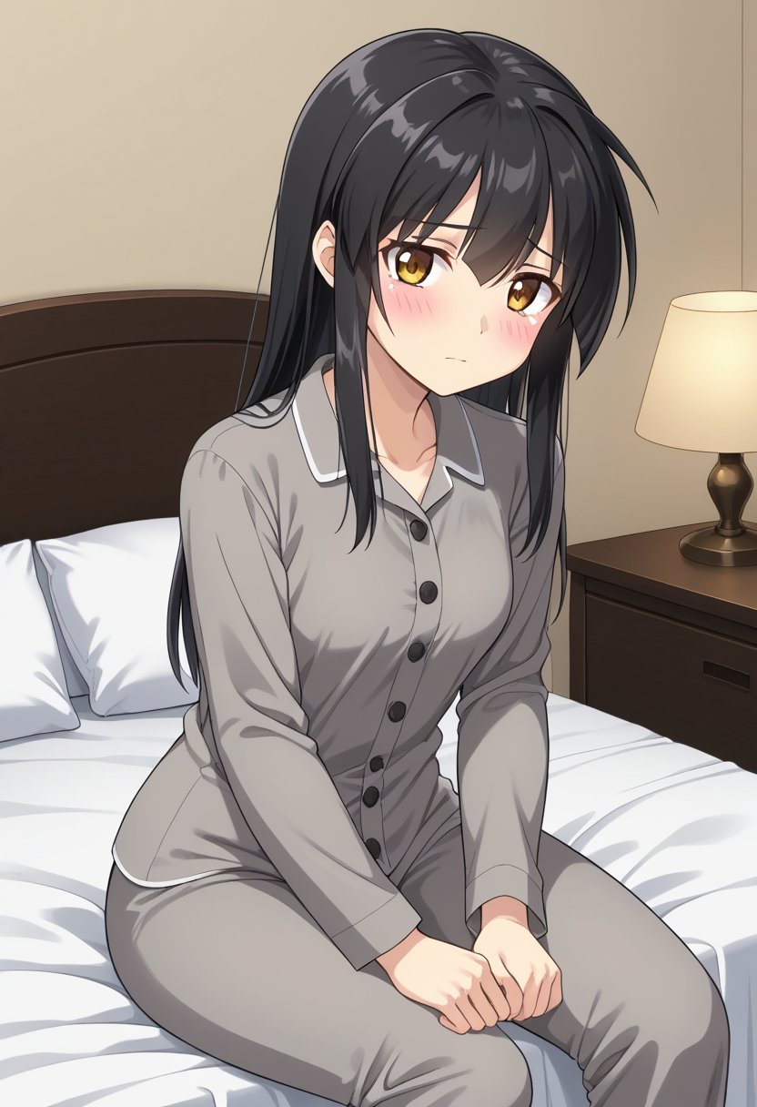 1girl, solo, koyoriamamiya, black hair, long hair, hair down, yellow eyes, brown eyes, grey shirt, long sleeves, grey pants, pajamas, indoors, bedroom, sitting, bed, sad, blush, looking at viewer