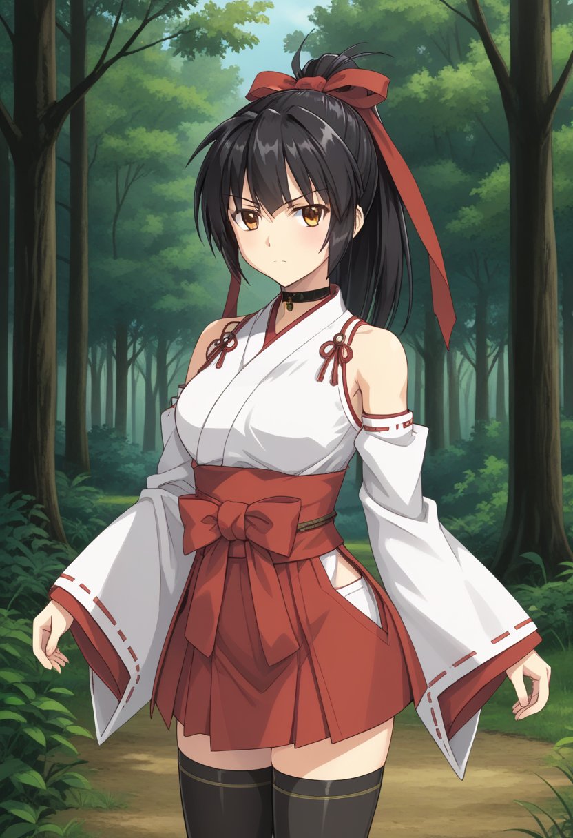 1girl, solo, mikogamisama, koyoriamamiya, black hair, ponytail, hair ribbon, red ribbon, hair bell, yellow eyes, brown eyes, black choker, white shirt, detached sleeves, wide sleeves, red skirt, black thighhighs, japanese clothes, outdoors, forest, standing, serious, cowboy shot