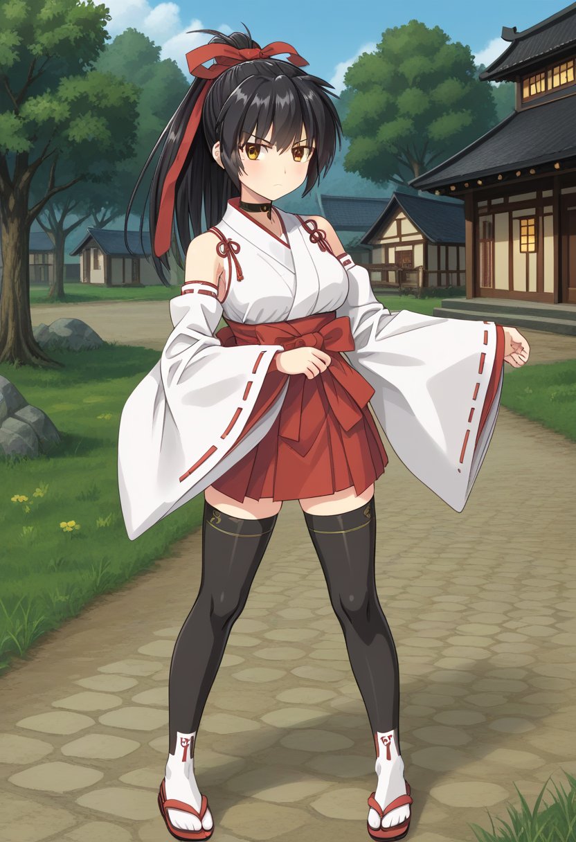 1girl, solo, mikogamisama, koyoriamamiya, black hair, ponytail, hair ribbon, red ribbon, hair bell, yellow eyes, brown eyes, black choker, white shirt, detached sleeves, wide sleeves, red skirt, black thighhighs, tabi, red sandals, japanese clothes, outdoors, village, serious, full body,