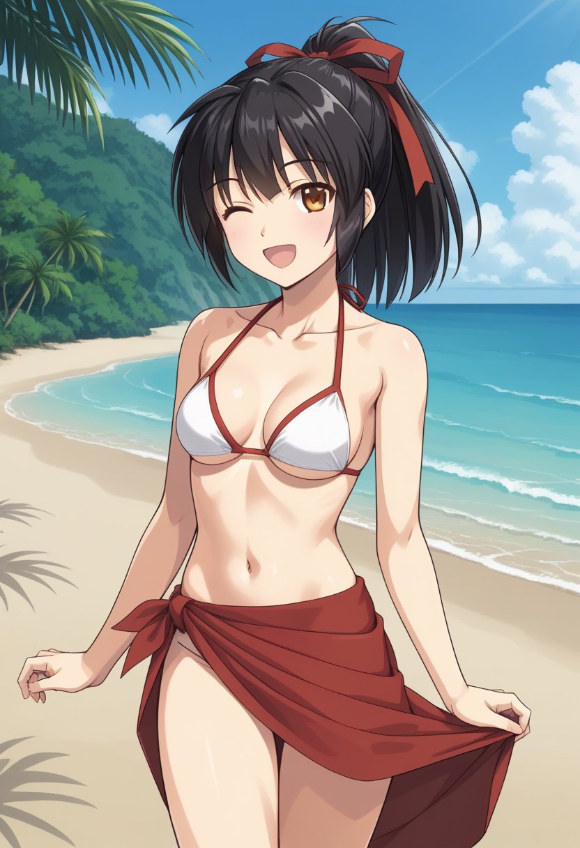 1girl, solo, koyoriamamiya, black hair, ponytail, hair ribbon, red ribbon, yellow eyes, brown eyes, bikini, red sarong, outdoors, beach, standing, cowboy shot, open mouth, smile, wink