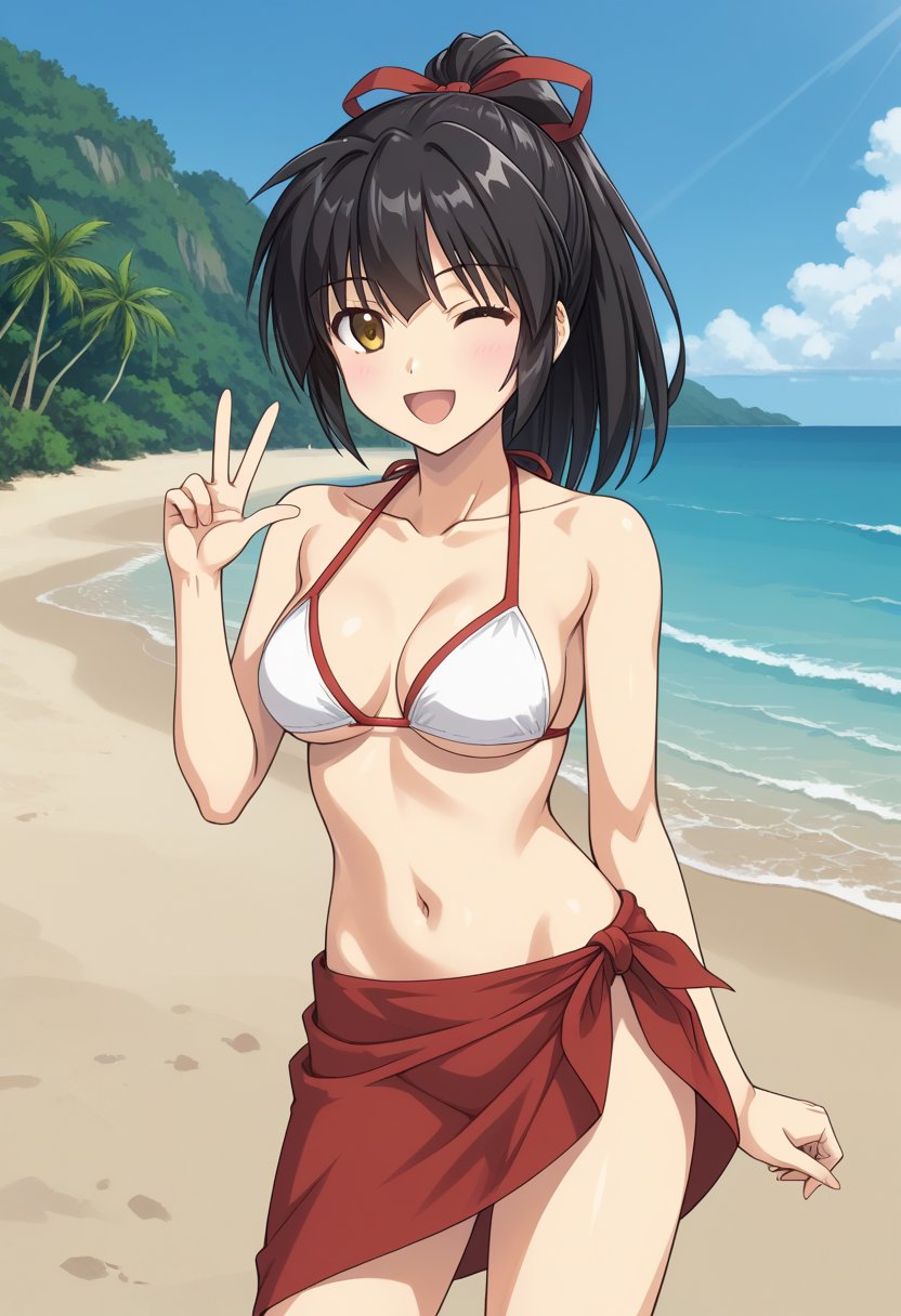 1girl, solo, koyoriamamiya, black hair, ponytail, hair ribbon, red ribbon, yellow eyes, brown eyes, bikini, red sarong, outdoors, beach, standing, cowboy shot, open mouth, smile, wink