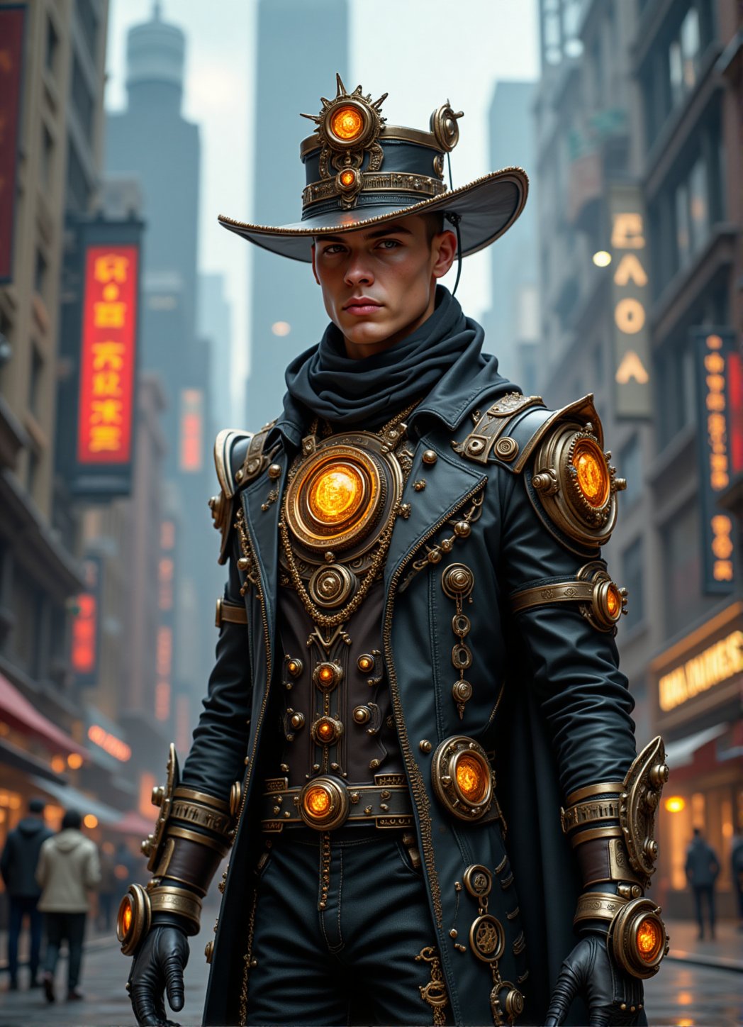  A stunning young handsome man age 25 years old, stands confidently amidst the bustling streets of a steampunk metropolis. wears a sleek, high-tech outfit adorned with intricate gears accesories, gears decoration, brass filigree, and gleaming glowing crystal runes that seem to pulse with an otherworldly energy. A striking high-tech futuristic steampunk hat, topped with a delicate gears mechanism, adds to futuristic yet vintage charm. As him poses dynamically, the city's skyline with futuristic steampunk robot walking around behind features a blend of ancient rune stones and futuristic modern machinery, generating a vibrant aura that seems to draw power from the runes.,FuturisticSteamPunk