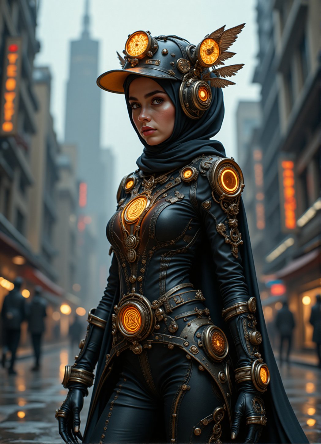  A stunning young hijab girl age 25 years old, stands confidently amidst the bustling streets of a steampunk metropolis. she wears a sleek, high-tech outfit adorned with intricate gears accesories, gears decoration, brass filigree, and gleaming glowing crystal runes that seem to pulse with an otherworldly energy. A striking high-tech futuristic steampunk hat, topped with a delicate gears mechanism, adds to his futuristic yet vintage charm. As she poses dynamically, the city's skyline with futuristic steampunk robot walking around behind his features a blend of ancient rune stones and futuristic modern machinery, generating a vibrant aura that seems to draw power from the runes.,FuturisticSteamPunk