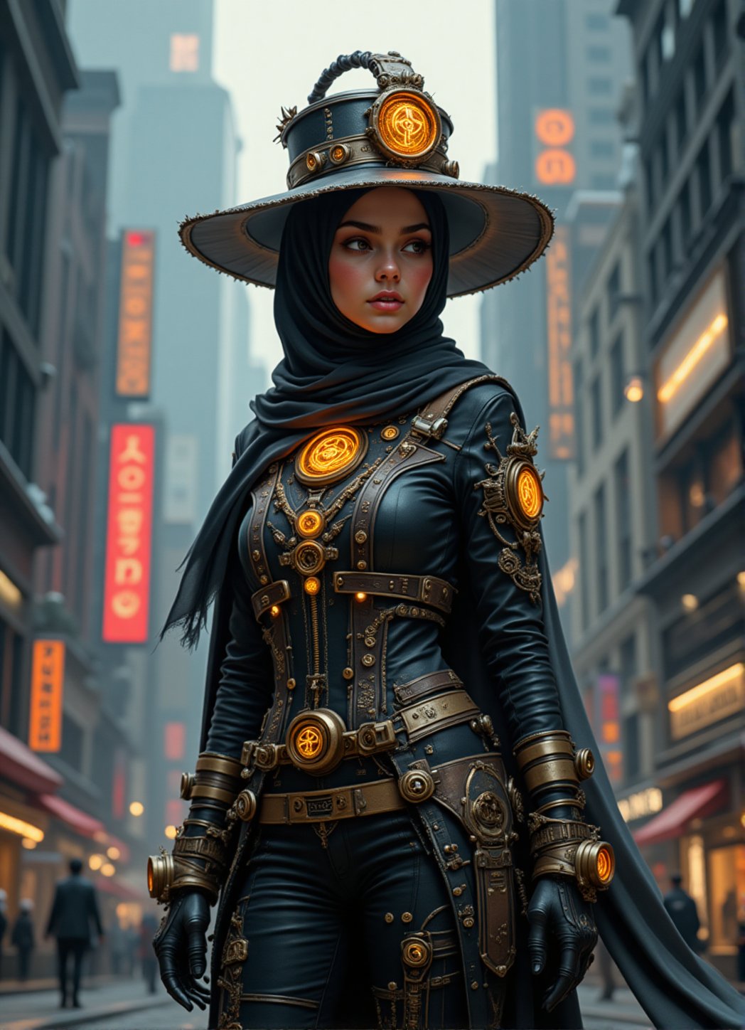  A stunning young hijab girl age 25 years old, stands confidently amidst the bustling streets of a steampunk metropolis. she wears a sleek, high-tech outfit adorned with intricate gears accesories, gears decoration, brass filigree, and gleaming glowing crystal runes that seem to pulse with an otherworldly energy. A striking high-tech futuristic steampunk hat, topped with a delicate gears mechanism, adds to his futuristic yet vintage charm. As she poses dynamically, the city's skyline with futuristic steampunk robot walking around behind his features a blend of ancient rune stones and futuristic modern machinery, generating a vibrant aura that seems to draw power from the runes.,FuturisticSteamPunk