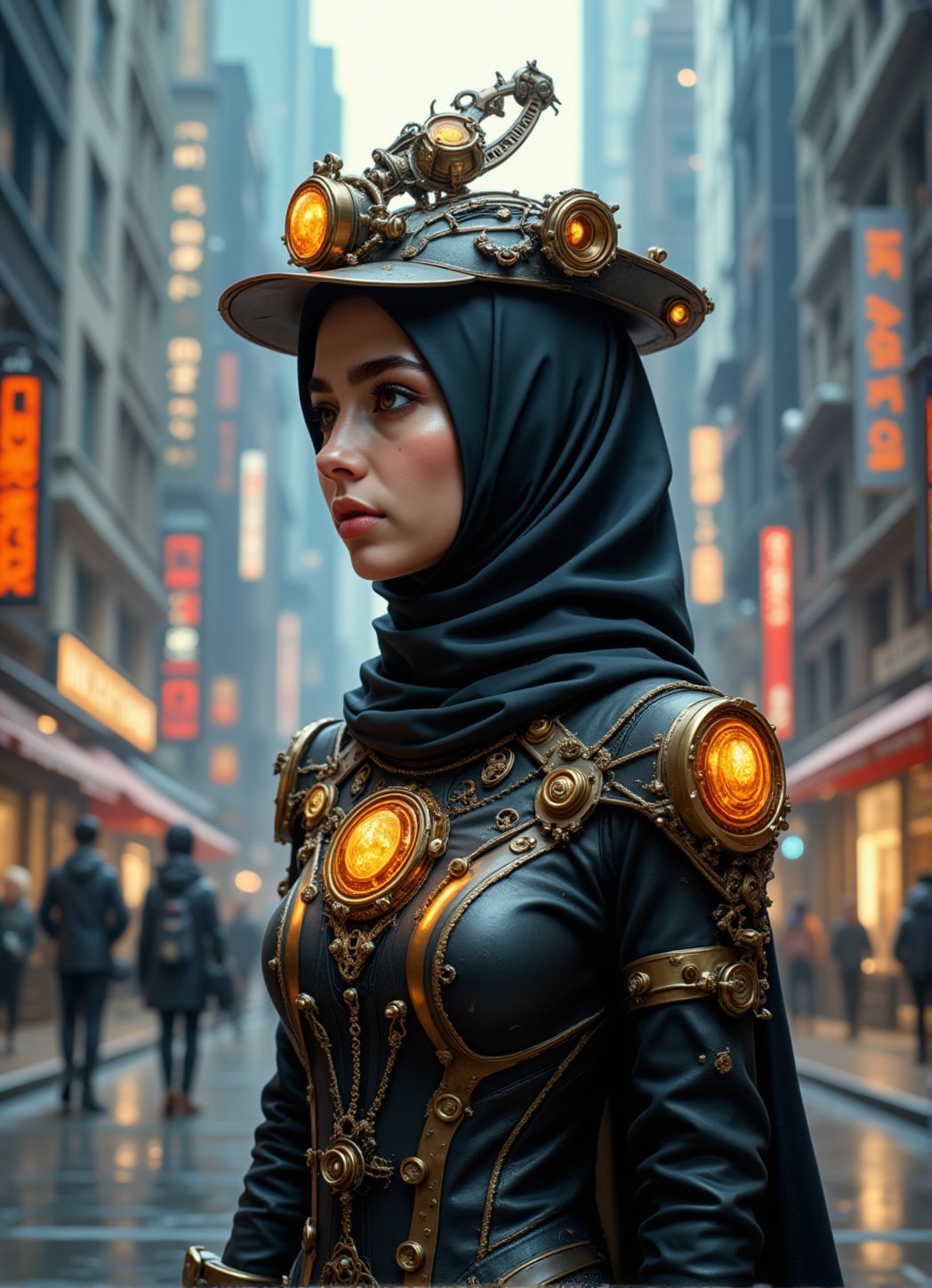  A stunning young hijab girl age 25 years old, stands confidently amidst the bustling streets of a steampunk metropolis. she wears a sleek, high-tech outfit adorned with intricate gears accesories, gears decoration, brass filigree, and gleaming glowing crystal runes that seem to pulse with an otherworldly energy. A striking high-tech futuristic steampunk hat, topped with a delicate gears mechanism, adds to his futuristic yet vintage charm. As she poses dynamically, the city's skyline with futuristic steampunk robot walking around behind his features a blend of ancient rune stones and futuristic modern machinery, generating a vibrant aura that seems to draw power from the runes.,FuturisticSteamPunk