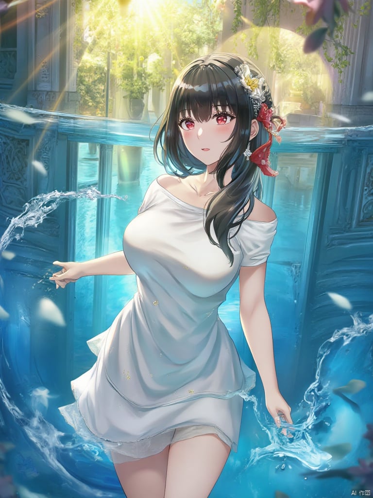 torino,Yor,This is an anime-style illustration. The girl in the picture has long black hair that flows like a waterfall, with smooth and shiny strands. She is wearing a simple yet elegant white dress, and the hem of the dress gently flutters in the water. The girl's skin is as white as snow, and her facial features are exquisite. Her lips slightly curl up, carrying a faint and elusive smile.
The water shows a charming gradient effect, with deep blue at the bottom gradually transitioning to bright sky blue at the top, symbolizing purity and tranquility. The gentle water current surrounds the girl, and her hair spreads out like soft clouds, seamlessly blending with the water flow.
In the background, sunlight passes through the clear water, forming golden rays that project dappled and dreamy light and shadow around the girl. The interwoven light and shadow create a mysterious and charming atmosphere. The girl's eyes gaze upward, filled with longing for the unknown, as if she is pursuing some distant and beautiful dream. Her expression is gentle and mysterious, emanating an inner strength while also revealing a vulnerability that evokes compassion.
This work adopts highly saturated colors that echo each other and achieve a perfect balance. The blue water, the white dress, and the golden sunlight together form a scene that is both dreamy and realistic, making viewers seem to feel that peaceful and hopeful emotional atmosphere.
The quality requirements for the picture are extremely high resolution, excellent clarity, and just the right color saturation, enabling a clear display of the dynamics of the water flow and the fine texture of the girl's hair.