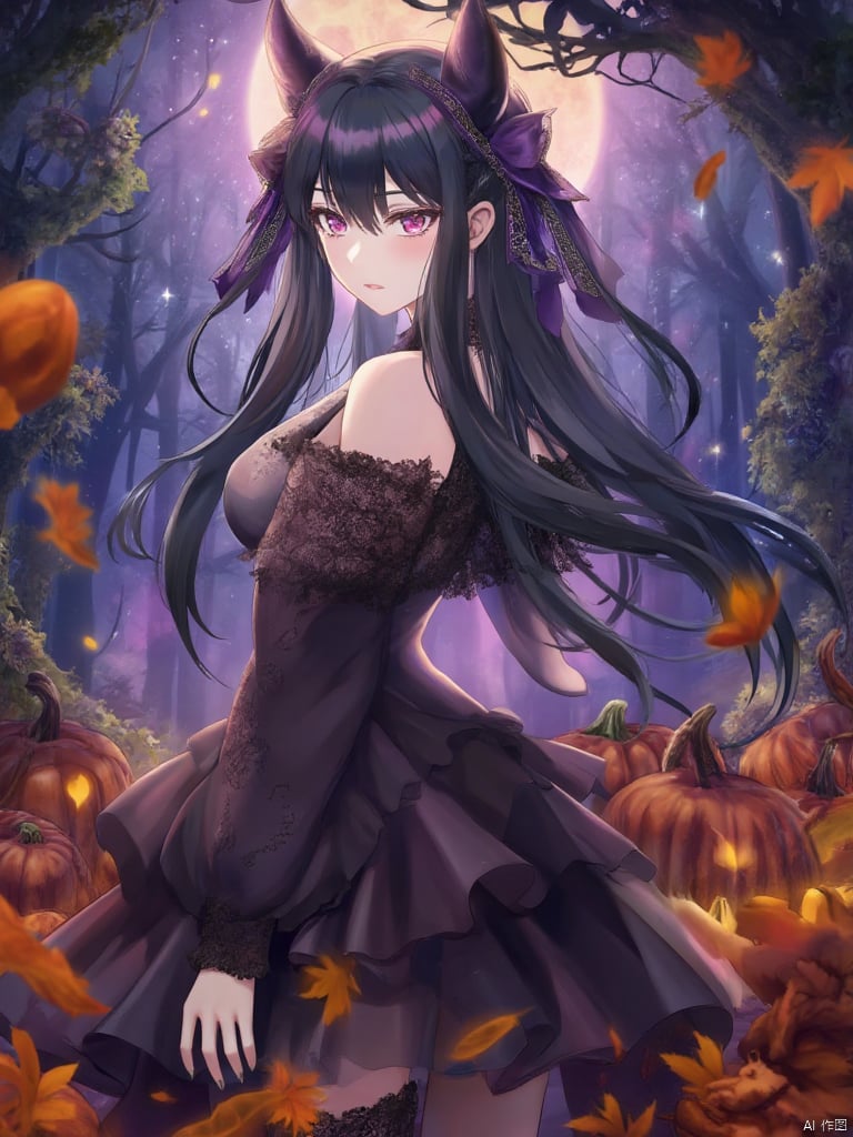 torino,Yor,Create an enchanting anime-style illustration of a beautiful woman with flowing black hair, dressed in an elaborate Halloween costume. She stands in a moonlit forest, surrounded by glowing pumpkins and swirling autumn leaves. The composition should focus on her striking features, with her hair cascading elegantly over her shoulders. Utilize soft, ethereal lighting that casts gentle shadows, enhancing the mystical atmosphere. The color palette should include deep purples, vibrant oranges, and hints of silver to evoke a magical, Halloween vibe. Incorporate intricate details in her costume, such as lace and shimmering fabrics, showcasing textures that contrast with the smoothness of her skin. Capture a sense of motion as leaves dance around her, creating a whimsical yet slightly eerie mood. Aim for high-resolution quality, suitable for a stunning print, with sharp details and vibrant colors,Beautiful face