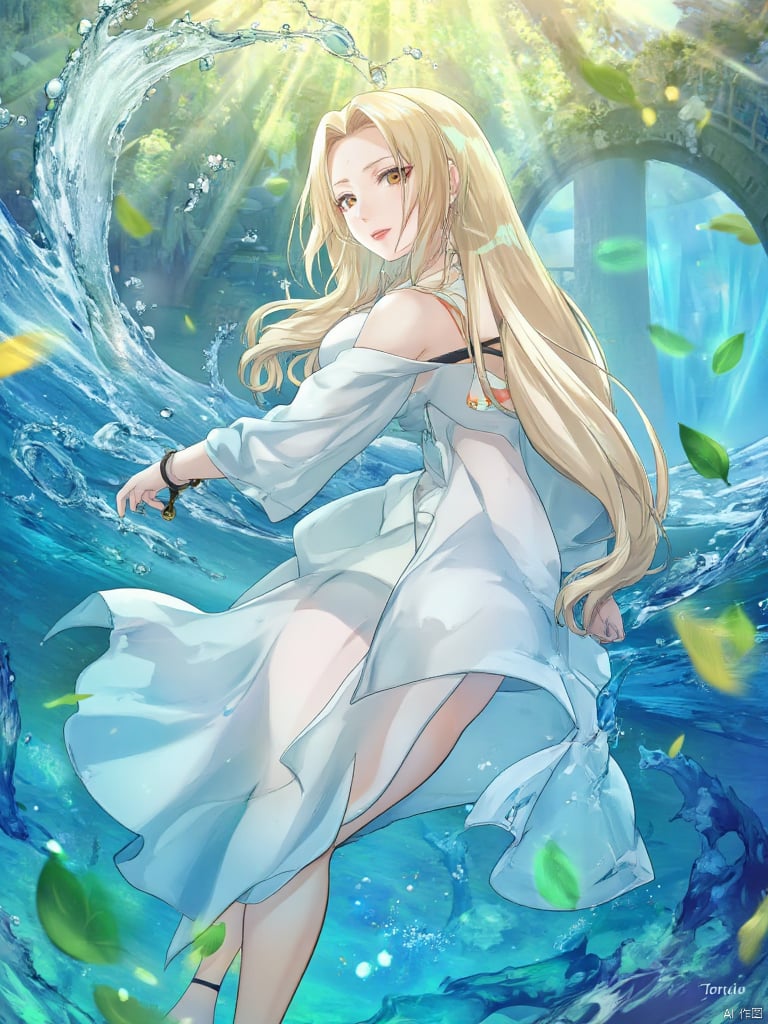 torino,This is an anime-style illustration. The girl in the picture has long blonde hair that flows like a waterfall, with smooth and shiny strands. She is wearing a simple yet elegant white dress, and the hem of the dress gently flutters in the water. The girl's skin is as white as snow, and her facial features are exquisite. Her lips slightly curl up, carrying a faint and elusive smile.
The water shows a charming gradient effect, with deep blue at the bottom gradually transitioning to bright sky blue at the top, symbolizing purity and tranquility. The gentle water current surrounds the girl, and her hair spreads out like soft clouds, seamlessly blending with the water flow.
In the background, sunlight passes through the clear water, forming golden rays that project dappled and dreamy light and shadow around the girl. The interwoven light and shadow create a mysterious and charming atmosphere. The girl's eyes gaze upward, filled with longing for the unknown, as if she is pursuing some distant and beautiful dream. Her expression is gentle and mysterious, emanating an inner strength while also revealing a vulnerability that evokes compassion.
This work adopts highly saturated colors that echo each other and achieve a perfect balance. The blue water, the white dress, and the golden sunlight together form a scene that is both dreamy and realistic, making viewers seem to feel that peaceful and hopeful emotional atmosphere.
The quality requirements for the picture are extremely high resolution, excellent clarity, and just the right color saturation, enabling a clear display of the dynamics of the water flow and the fine texture of the girl's hair.,Ran