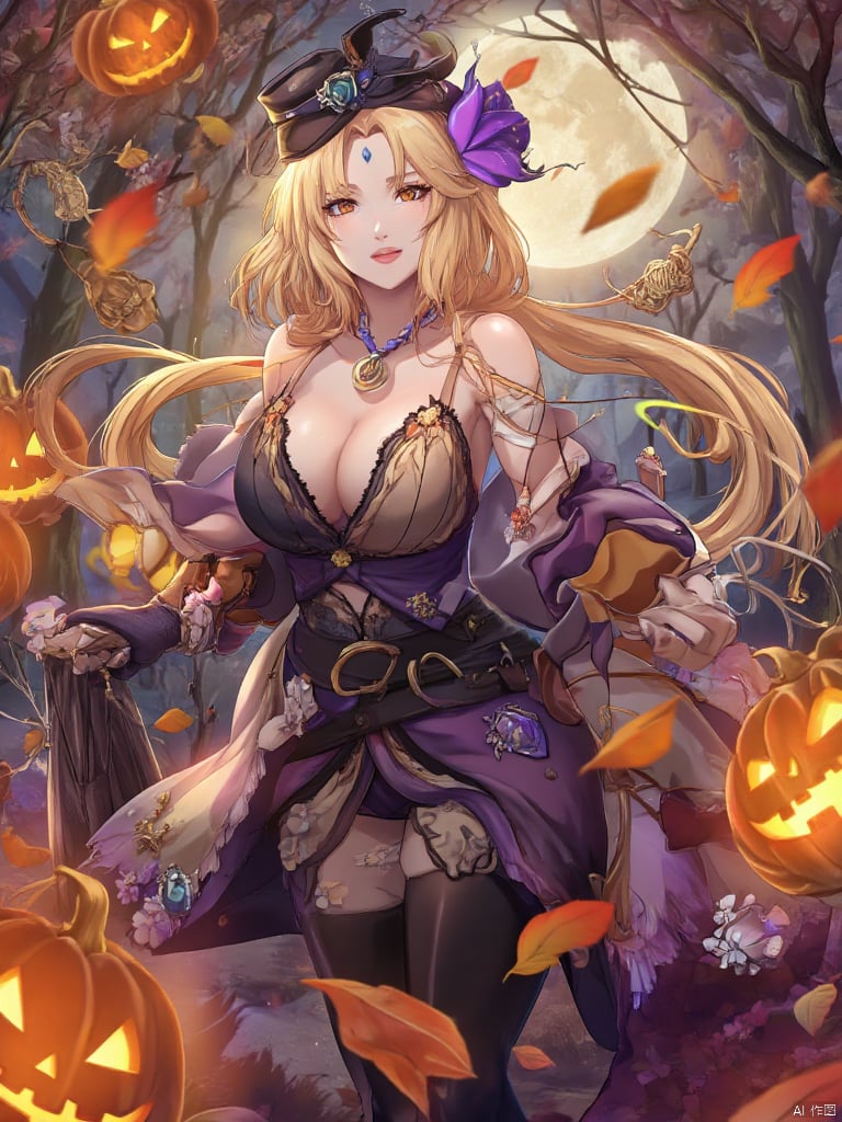 torino,Create an enchanting anime-style illustration of a beautiful woman with flowing blonde hair, dressed in an elaborate Halloween costume. She stands in a moonlit forest, surrounded by glowing pumpkins and swirling autumn leaves. The composition should focus on her striking features, with her hair cascading elegantly over her shoulders. Utilize soft, ethereal lighting that casts gentle shadows, enhancing the mystical atmosphere. The color palette should include deep purples, vibrant oranges, and hints of silver to evoke a magical, Halloween vibe. Incorporate intricate details in her costume, such as lace and shimmering fabrics, showcasing textures that contrast with the smoothness of her skin. Capture a sense of motion as leaves dance around her, creating a whimsical yet slightly eerie mood. Aim for high-resolution quality, suitable for a stunning print, with sharp details and vibrant colors,Beautiful face,Tsunade