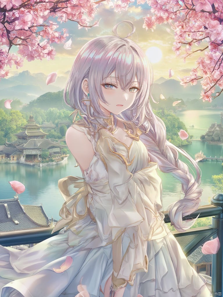 Create a vibrant anime-style illustration featuring a beautiful silver-haired girl standing gracefully beside West Lake in Hangzhou. She should have long, flowing hair that catches the soft sunlight, with delicate cherry blossom petals gently falling around her. The setting is serene, showcasing the iconic lake with its calm waters reflecting the surrounding lush greenery and distant mountains, bathed in the warm glow of a late afternoon sun. Use a rich, pastel color palette dominated by soft pinks, greens, and blues, enhancing the tranquil atmosphere. The girl’s expression should convey a sense of wonder and peace, with her flowing dress gently swaying in a light breeze. Aim for high-quality, detailed textures that highlight her features and the natural beauty of the scene. The final image should be in 4K resolution, capturing every nuance and detail for a striking visual impact.anime style,torino,Alya