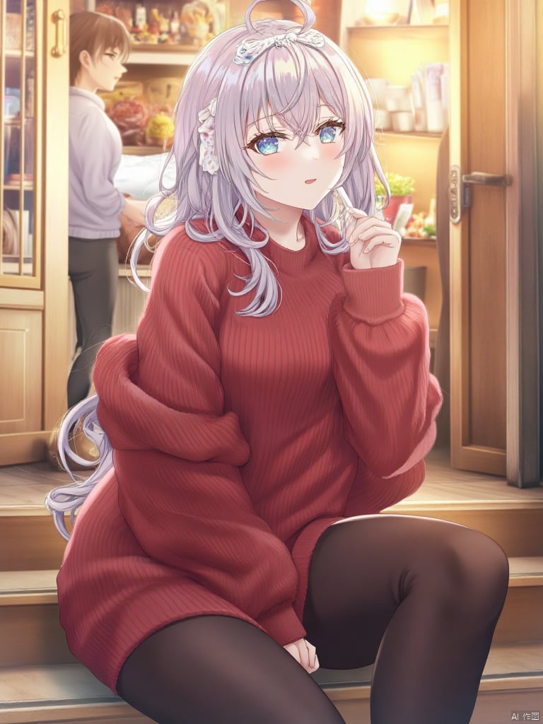 torino,Alya, Craft an anime-style full-body illustration featuring a beautiful woman with white hair, seated gracefully on a step. The image is captured with a masterful photographic technique, focusing on the protagonist, who is dressed in a soft red sweater and black stockings, exuding warmth and style. Her hair is gently held back by a simple white headband, adding a touch of freshness and elegance. The color palette is warm and harmonious, with exquisite attention to detail, from the expression on the woman’s face to the texture of her clothing. The background is blurred, keeping the focus on the character while retaining enough detail to create an atmosphere.

