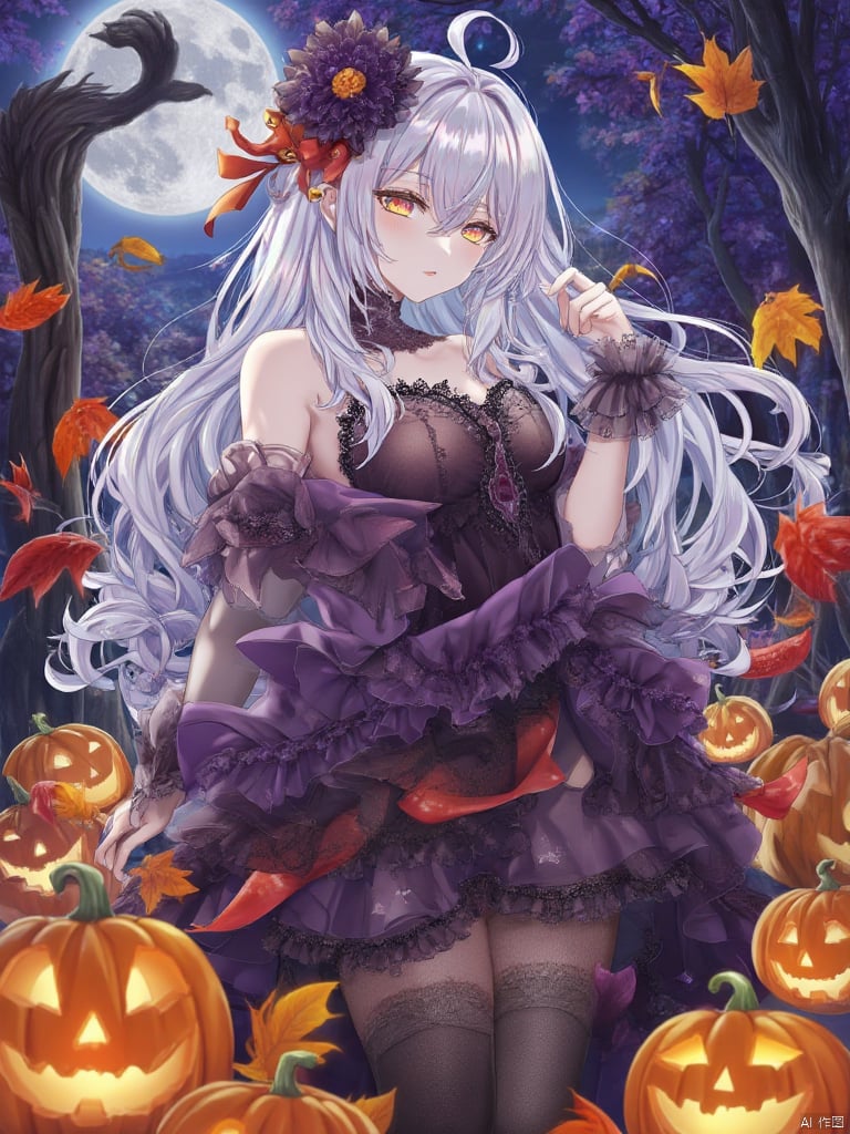 torino,Alya,Create an enchanting anime-style illustration of a beautiful woman with flowing white hair, dressed in an elaborate Halloween costume. She stands in a moonlit forest, surrounded by glowing pumpkins and swirling autumn leaves. The composition should focus on her striking features, with her hair cascading elegantly over her shoulders. Utilize soft, ethereal lighting that casts gentle shadows, enhancing the mystical atmosphere. The color palette should include deep purples, vibrant oranges, and hints of silver to evoke a magical, Halloween vibe. Incorporate intricate details in her costume, such as lace and shimmering fabrics, showcasing textures that contrast with the smoothness of her skin. Capture a sense of motion as leaves dance around her, creating a whimsical yet slightly eerie mood. Aim for high-resolution quality, suitable for a stunning print, with sharp details and vibrant colors,Beautiful face