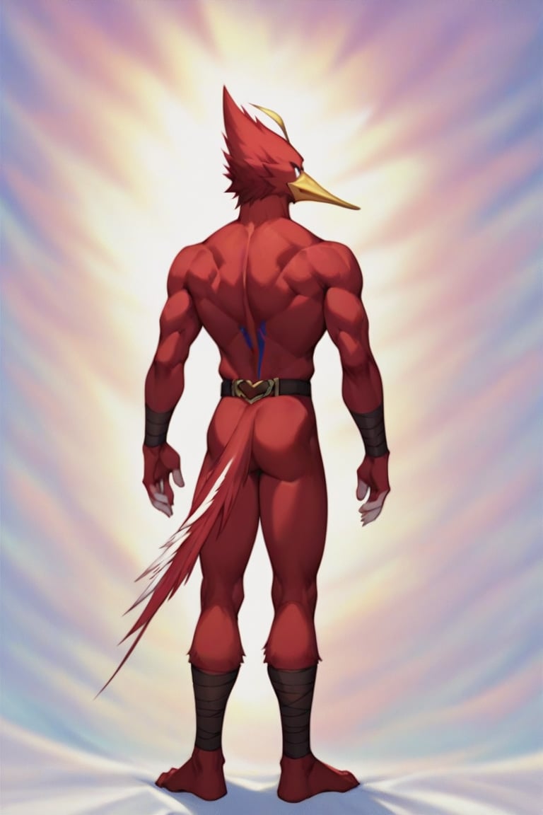 score_9, score_8_up, score_7_up, s anime origin, furry Hummingbird neo spacian air hummingbird, Red body, full body, Male focus, Standing facing viewer, Rear view