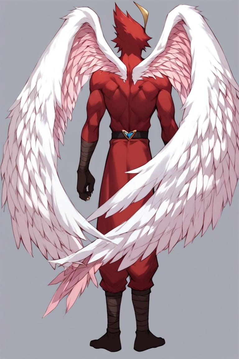 score_9, score_8_up, score_7_up, s anime origin, furry Hummingbird neo spacian air hummingbird, Red body, Angelic wings, full body, Male focus, Standing facing viewer, Rear view