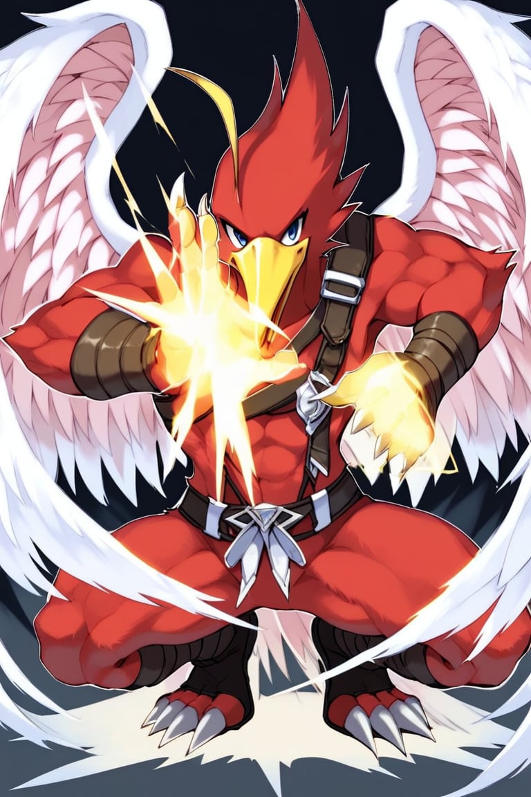 score_9, score_8_up, score_7_up, s anime origin, furry Hummingbird neo spacian air hummingbird, Red body, Angelic wings, fighting pose, energy sphere in hands, Kame hame ha, full body, looking at viewer, front view