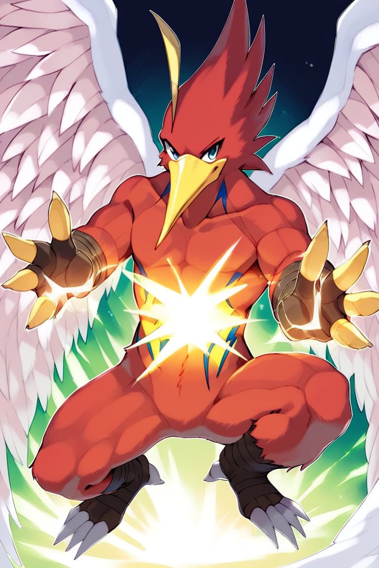 score_9, score_8_up, score_7_up, s anime origin, furry Hummingbird neo spacian air hummingbird, Red body, Angelic wings, fighting pose, energy sphere in hands, Energy bubble beam, Kame hame ha, full body, looking at viewer, front view