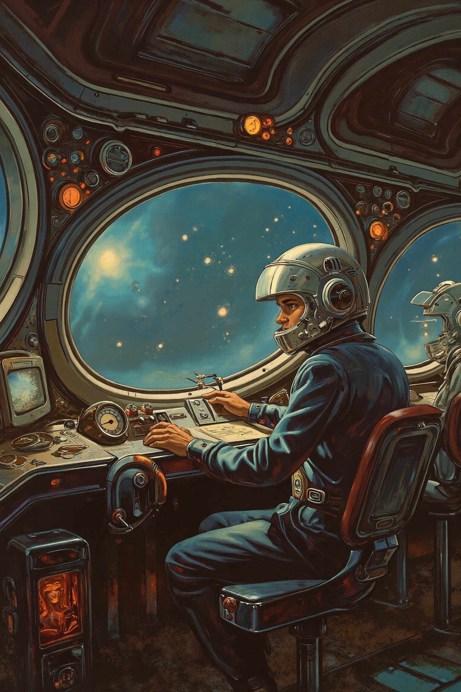 RetroSci style. A spaceship interior, with chrome walls and large circular windows showing distant stars. A 1950s-styled pilot wearing a helmet sits at the controls, manipulating old-fashioned levers alongside holographic displays. The lighting casts a soft, warm glow on the entire scene, evoking a sense of nostalgia and adventure.