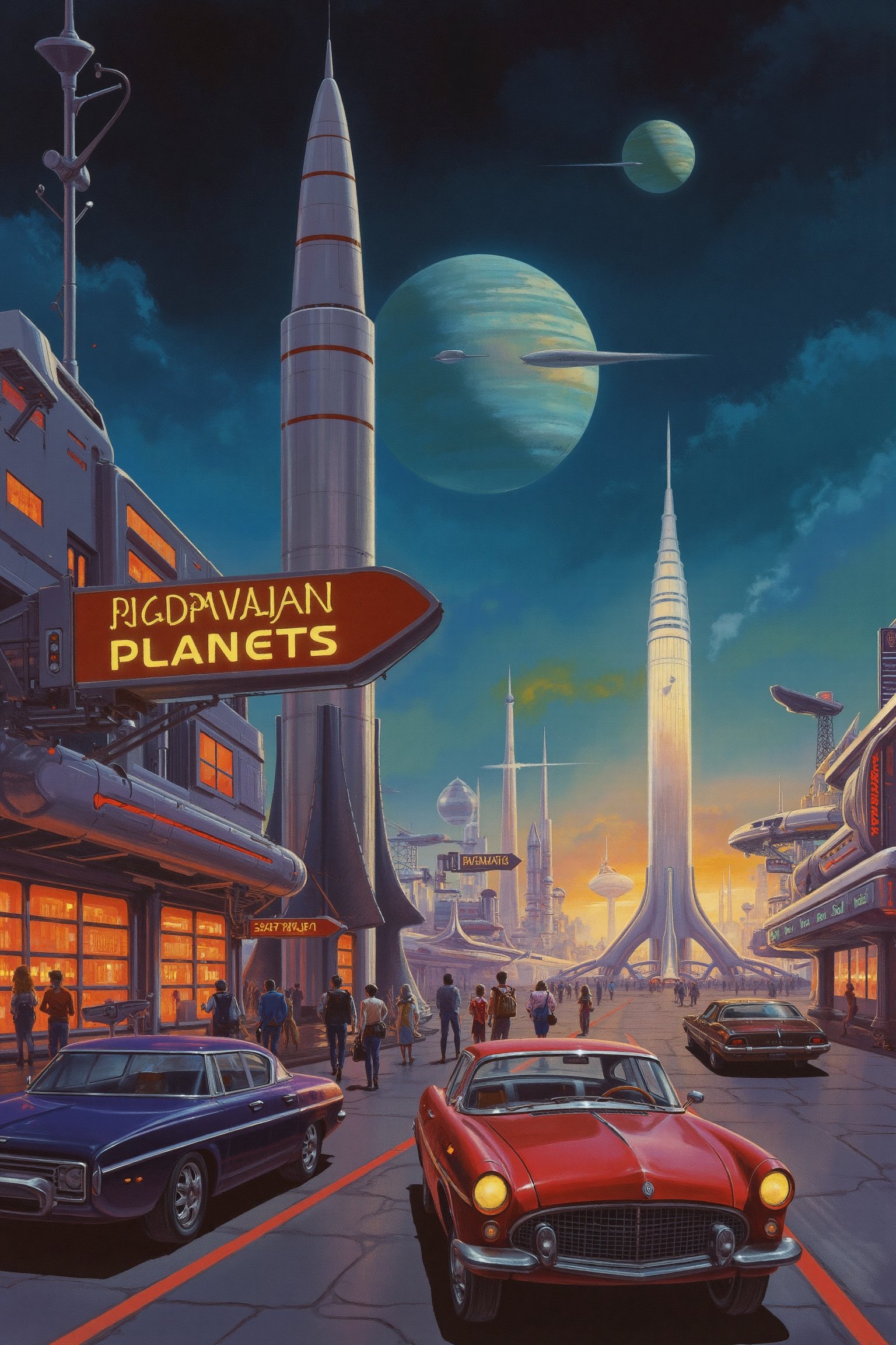 RetroSci style. A spaceport scene at twilight, where passengers board retro-style rockets. Bright, futuristic lights illuminate the platforms, and vintage cars are parked next to sleek, futuristic spacecraft. Neon signs point the way to distant planets.