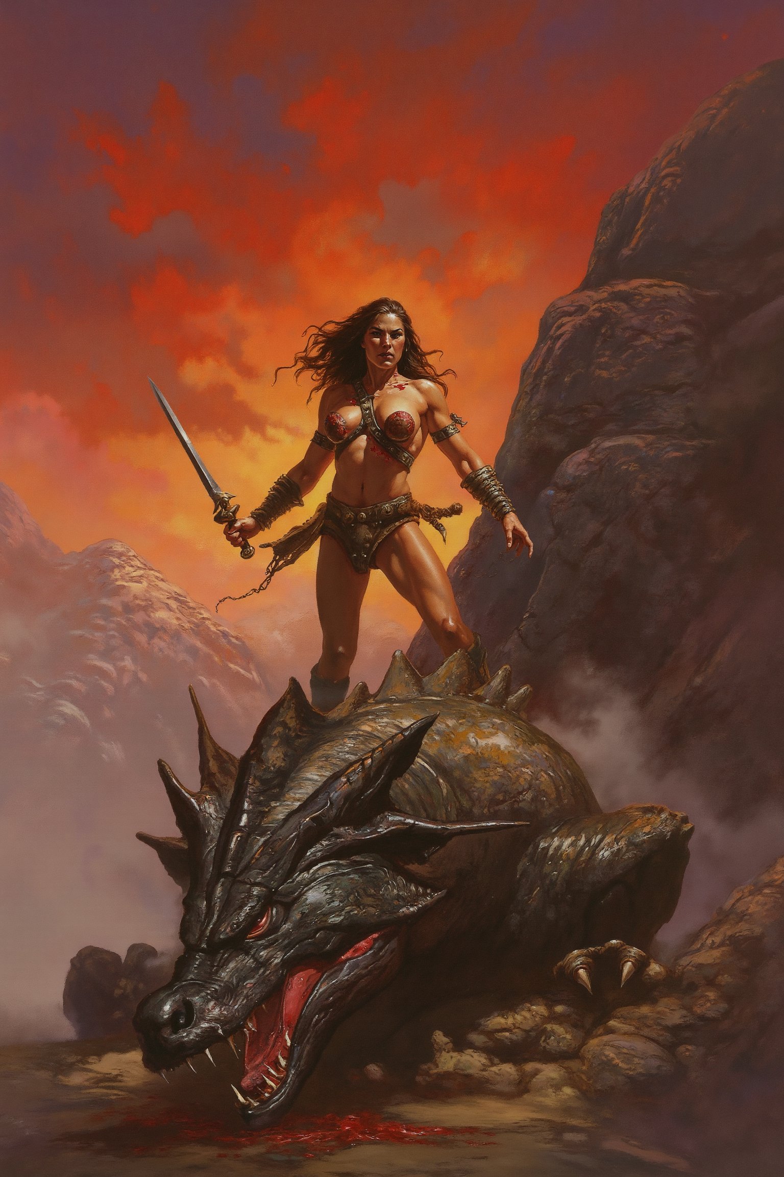 RetroSci style. A fierce and powerful female warrior stands triumphantly over the massive, slain body of a dragon. She is clad in battle-worn armor, her muscular arms and legs exposed but strong. Her chest is protected by intricately designed, fitted leather armor that highlights her agility and strength. In one hand, she holds a bloodied sword, still dripping from the battle, while the other rests on the hilt, showing her victory. Her long hair is windswept, and her expression is one of fierce determination. The dragon’s immense body lies crumpled behind her, smoke still rising from its nostrils. The scene is set against a rocky mountainside, with the sky tinged red from the fading light of the day