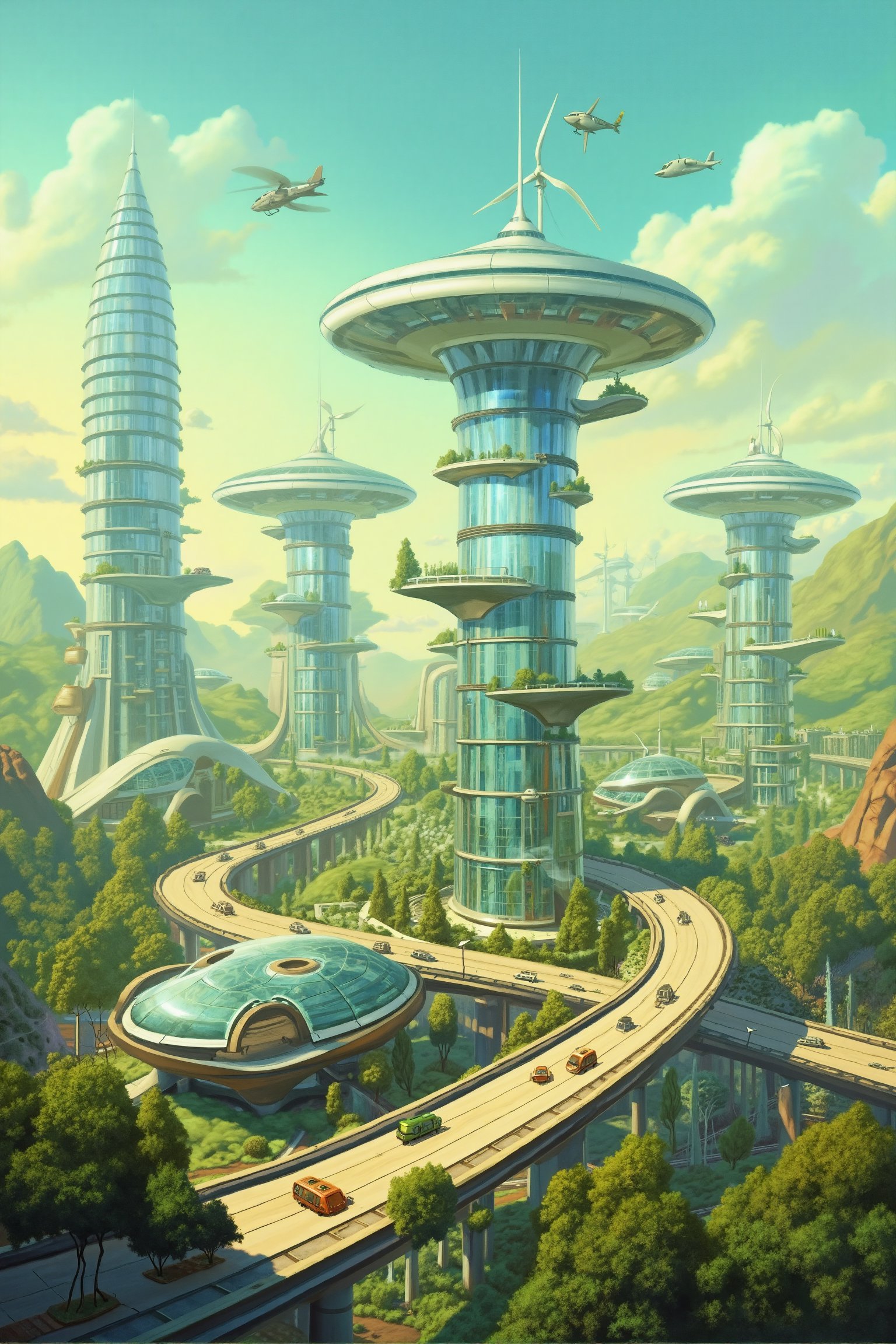 RetroSci style. A futuristic cityscape. The scene is set in a utopian environment with numerous sustainable, high-tech buildings and structures. In the foreground, there are lush green trees and a winding, elevated road that curves around the central area. The road is supported by large, transparent tubes that house vehicles, creating a sleek and futuristic transportation system. Dominating the center of the image are three towering, cylindrical buildings with glass facades, each topped with large, circular platforms. These platforms are connected by glass bridges, allowing people to move between the structures. The buildings are adorned with greenery, suggesting eco-friendly design. To the left, a tall, cylindrical tower with a spiral design houses a water feature that cascades down the side, blending seamlessly with the architecture. The background features rolling hills and mountains, painted in soft, pastel shades of blue and green, with a few wind turbines dotting the landscape. In the sky, a jet airplane and a helicopter are visible, adding to the futuristic feel of the scene. The overall color palette is rich with greens, blues, and browns, creating a harmonious and inviting atmosphere.