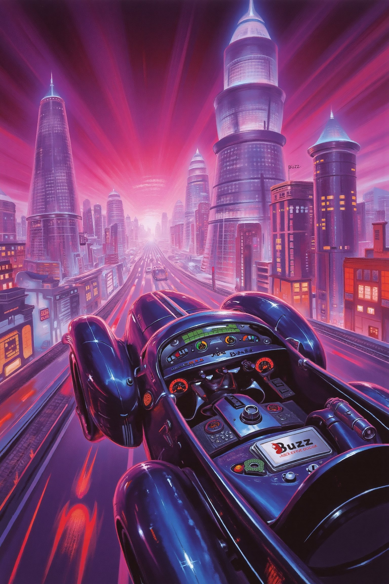 RetroSci style. A sleek flying car with chrome details zooming through a neon-lit futuristic city. In the background, towering skyscrapers with rounded edges glow in hues of pink and purple. The car’s dashboard shows a mix of vintage dials and futuristic holographic displays, with a small sign reading “Buzz” subtly engraved on the console.