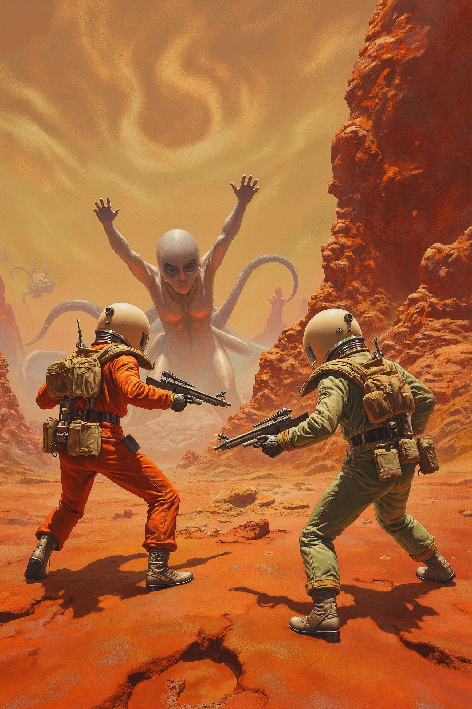 RetroSci style. A battle on an alien planet where explorers in vintage spacesuits, armed with ray guns, are facing off against strange, tentacled creatures. The landscape is barren and red, with swirling dust clouds in the distance. The explorers’ bulky, retro equipment contrasts with the sleek, smooth design of the alien beings.