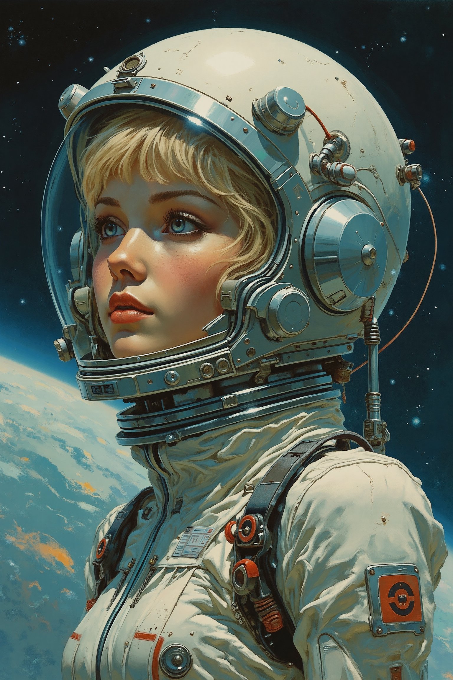 RetroSci style. A striking portrait of a beautiful young female astronaut with short, blonde hair wearing a sleek, futuristic spacesuit. Her face is illuminated by the soft glow of distant starlight, highlighting her features with a serene, almost ethereal expression. The helmet’s visor is slightly raised, revealing her determined gaze as she looks out into the vast expanse of space behind her. The background shows the faint outlines of distant galaxies and planets, creating a sense of both wonder and isolation. Subtle reflections of celestial objects can be seen on the surface of her spacesuit, adding depth and realism to the image. The overall atmosphere evokes a sense of courage, exploration, and beauty, embodying the essence of retro-futuristic space exploration.