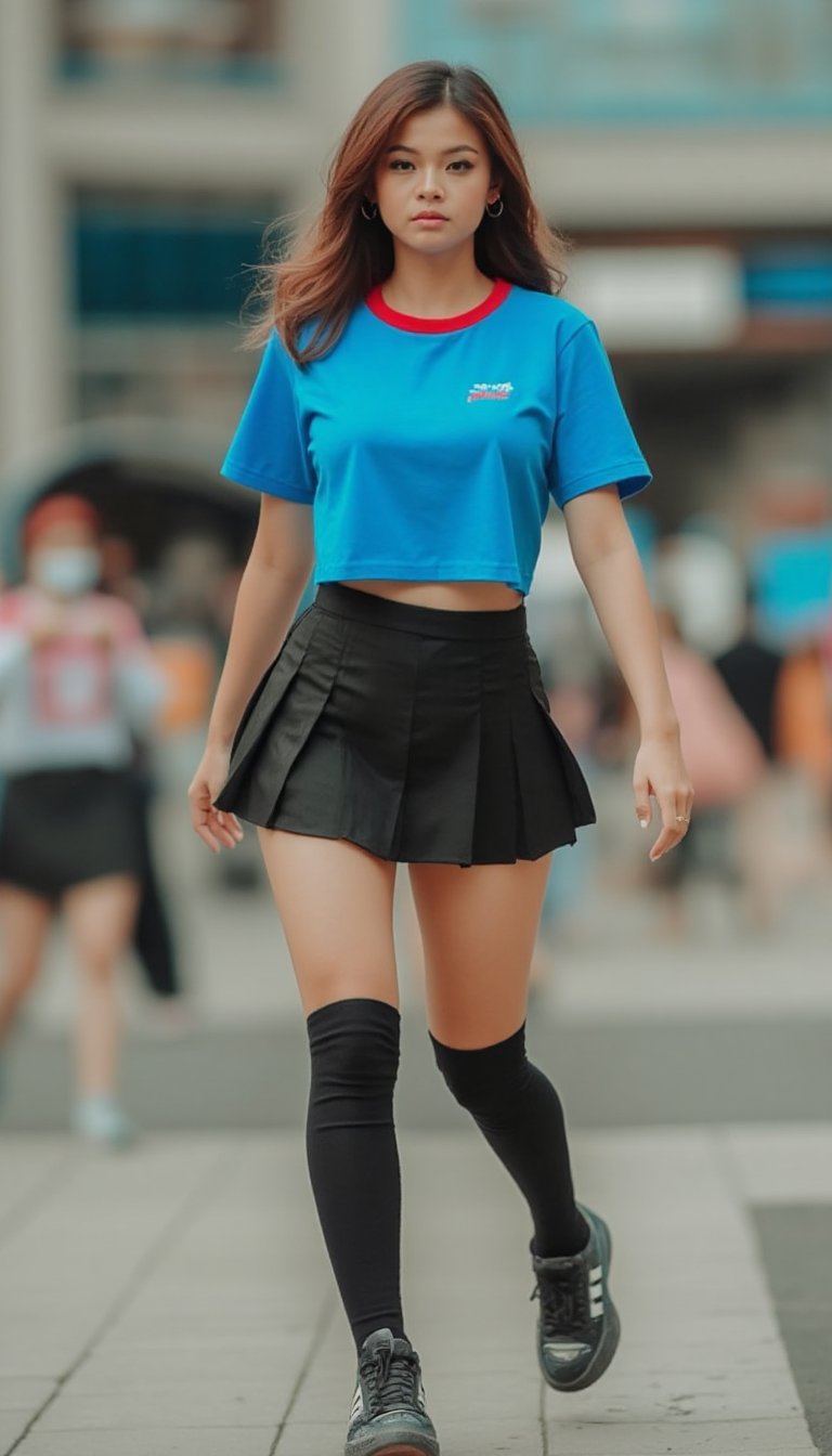 A vibrant snapshot captures the radiant beauty of a youthful woman, dressed in a striking blue cropped T-shirt adorned with a bold red collar and pleated skirt. Her slender legs are clad in sleek black snaekers, paired with matching black socks that rise to her knees. The composition is framed by a subtle blurred background, emphasizing the subject's dynamic pose as she glides effortlessly across the scene.