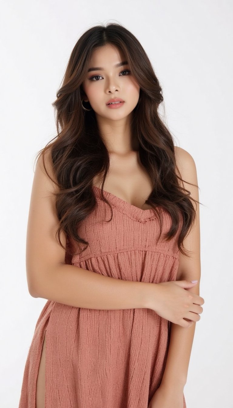 a young woman with long dark brown hair, beautiful young woman wearing sundress, white background