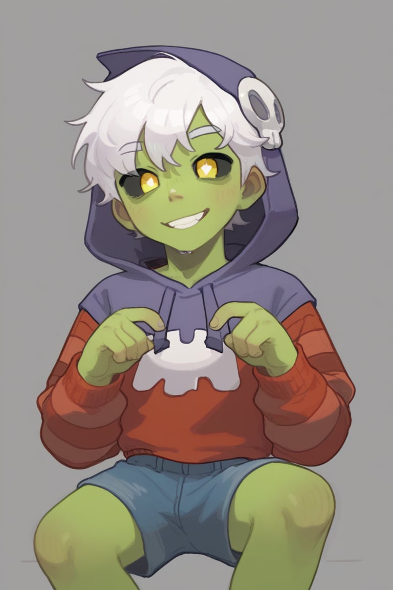 Score_9, Score_8_up, Score_7_up , possummach ,zomgus , boy, red sweater ,white hair, short hair , striped sweater   , purple hood , shorts , black sclera , yellow pupils  ,hood up , green skin , ,simple background , solo , smile 