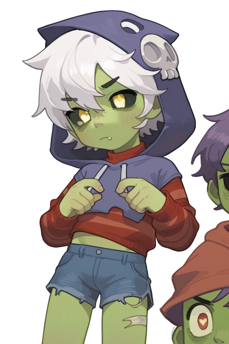 Score_9, Score_8_up, Score_7_up , possummach ,zomgus , boy, red sweater ,white hair, short hair , striped sweater   , purple hood , shorts , black sclera , yellow pupils  ,hood up , green skin , ,simple background