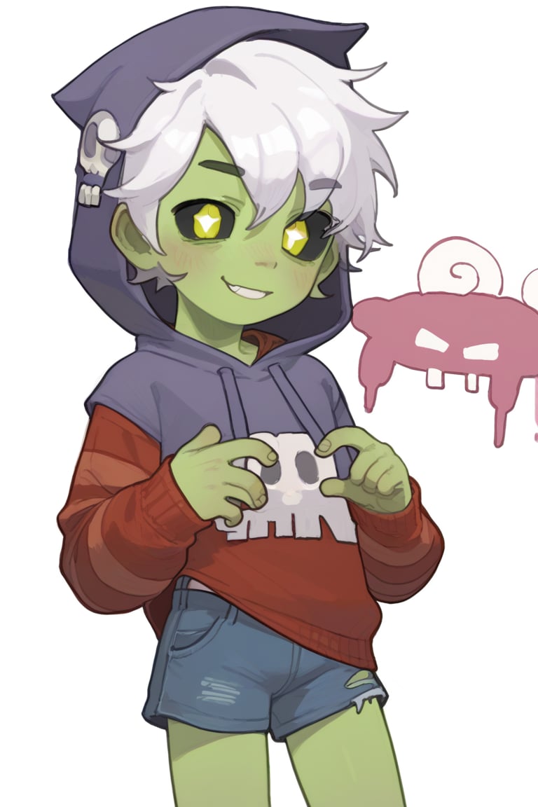 Score_9, Score_8_up, Score_7_up , possummach ,zomgus , 1boy, white hair, short hair ,  red sweater ,striped sweater   , purple hood ,hood up , shorts , black sclera ,yellow pupils  green skin , ,simple background , solo , smile 