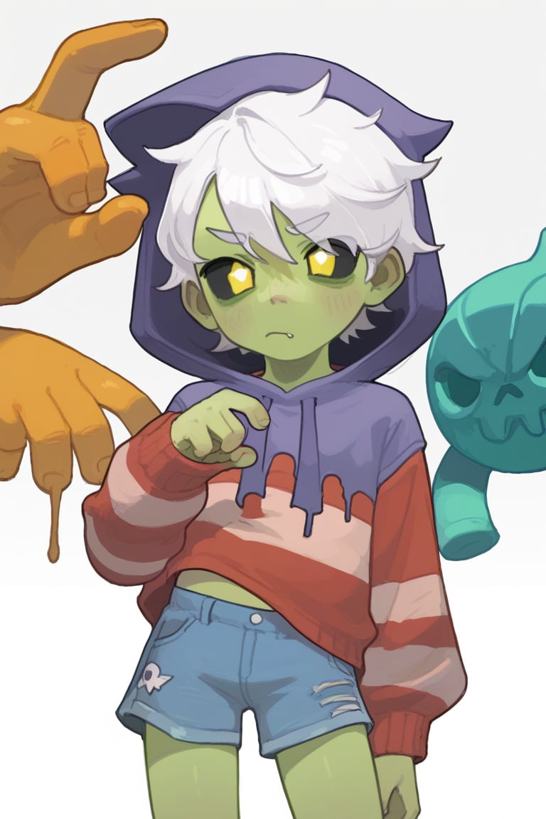 Score_9, Score_8_up, Score_7_up , possummach ,zomgus , boy, red sweater ,white hair, short hair , striped sweater   , purple hood , shorts , black sclera , yellow pupils  ,hood up , green skin , ,simple background